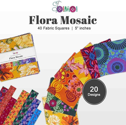 Soimoi 40Pcs 5" x 5" DIY Cotton Fabric Squares, 5" Layer Cake Fabric, Fabric Squares Bundles Patchwork, Pre-Cut Quilt Charm Pack, DIY Sewing Quarters Bundle, Quilting Fabric Bundles - Flora Mosaic