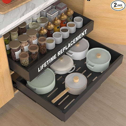 ANTOWIN 2-Pack Expandable Pull Out Cabinet Organizer 21"Deep(12.2"-20.5"W), 3 Full Extension Glides Slide Out Drawers, Roll Out Shelves Adhesive Raising Pad,Compatible Framed Cabinets,90lb Cap,Black