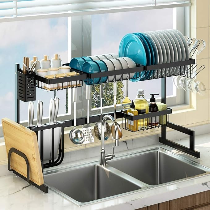 PUSDON Over Sink Dish Drying Rack Stainless Steel, Adjustable Large Dish Drainer for Storage Kitchen Organization Black 2 Tier - Standard(26"-38")