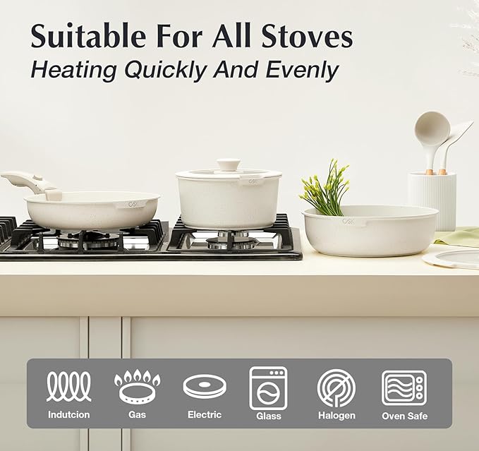 KOCH SYSTEME CS 17 PCS Pots and Pans Set, Nonstick Cookware Set Detachable Handle, Induction Kitchen Cookware Sets Non Stick with Removable Handle, RV cookware set, White