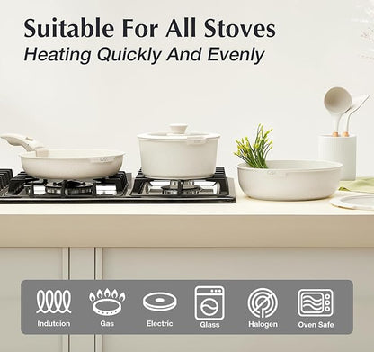 KOCH SYSTEME CS 17 PCS Pots and Pans Set, Nonstick Cookware Set Detachable Handle, Induction Kitchen Cookware Sets Non Stick with Removable Handle, RV cookware set, White