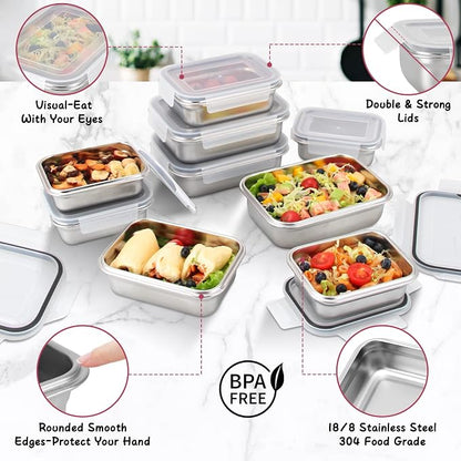 Cykorxicc 10 PC Square 304 Stainless Steel Food Containers with Lids, Airtight Bento Lunch Box, Metal Meal Prep Food Containers Reusable Stackable | Nestable Oven/Dishwsher/Freezer Safe