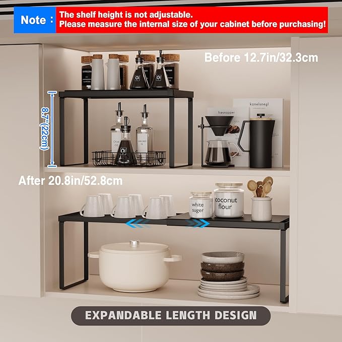 Magheo Expandable Cabinet Shelf Organizer, 1 Pack Stackable Kitchen Counter Shelf Riser, Metal Spice Rack Heavy Duty Countertop Organizer Storage for Kitchen, Pantry, Cupboard, Rv (8.7in Height,Black)