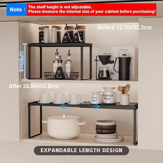 Magheo Expandable Cabinet Shelf Organizer, 1 Pack Stackable Kitchen Counter Shelf Riser, Metal Spice Rack Heavy Duty Countertop Organizer Storage for Kitchen, Pantry, Cupboard, Rv (8.7in Height,Black)