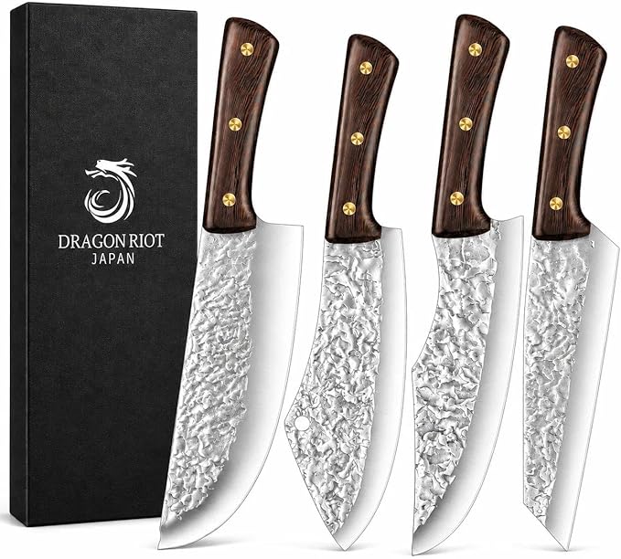 DRAGON RIOT Chef Butcher Knife Set for Meat Cutting, 4 Pcs Japanese Forged Chef Knives Set for Men and Women Gift for Men