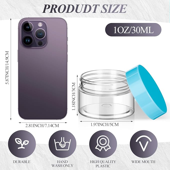 SATINIOR 24 Pieces Empty Clear Plastic Jars with Lids Round Storage Containers Wide Mouth for Beauty Product Cosmetic Cream Lotion Liquid Butter Craft and Food(Blue Lid,1 oz)