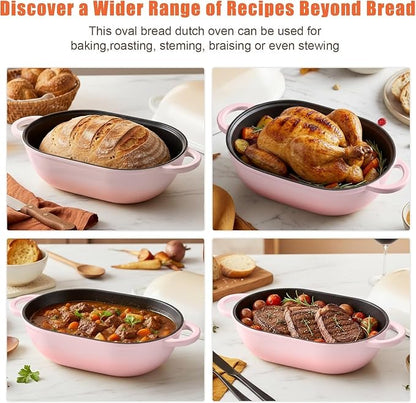 Enameled Cast Iron Sourdough Bread Oven, 2.5 QT Loaf Cast Iron Bread Pan with Lid, Oval Dutch Oven for Homemade Bread Baking, Meatloaf Pan with Lid (Pink)