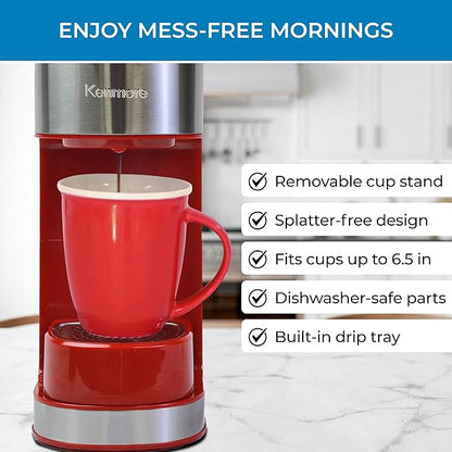 Kenmore Single Serve Coffee Maker – Compatible with Keurig K‑Cup Pods & Ground Coffee, One Cup Brewer, 6–12 Oz Brew Sizes, Travel Mug Friendly, Auto Shut‑Off, Hot & Iced Maquina de cafe, Red