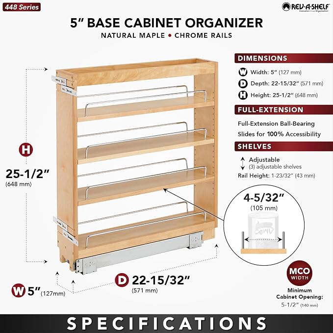 Rev-A-Shelf Maple Pullout Organizer for Full Height Base Cabinets, Full Extension Slides & Adjustable Shelves, Min Opening Width of 5.5", 448-BC-5C