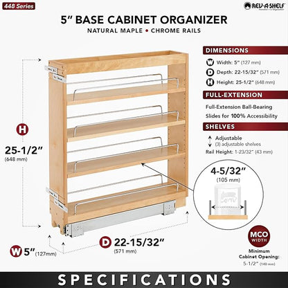 Rev-A-Shelf Maple Pullout Organizer for Full Height Base Cabinets, Full Extension Slides & Adjustable Shelves, Min Opening Width of 5.5", 448-BC-5C