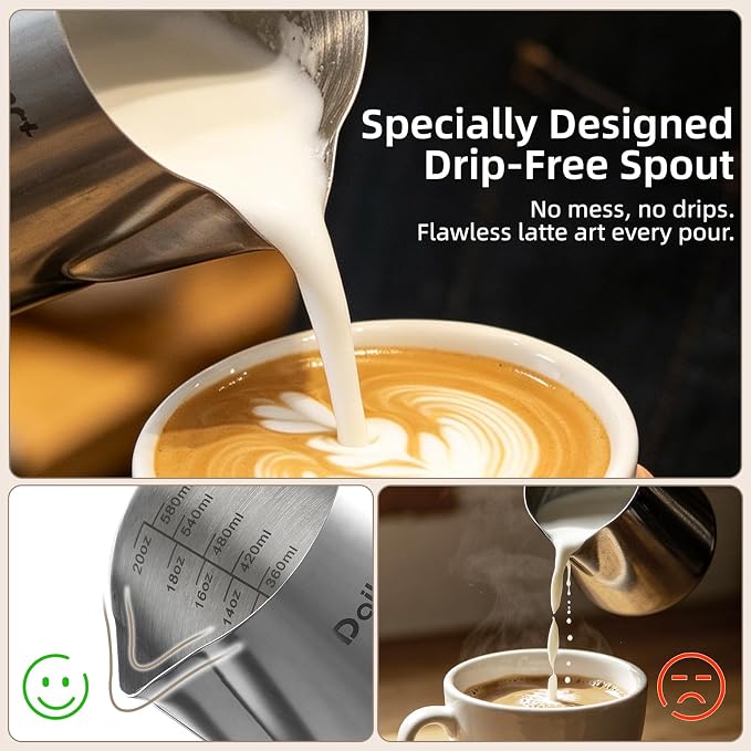 Milk Pitcher, Dailyart Stainless Steel Milk Frothing Pitcher with Thermometer for Coffee, Cappuccino,Espresso,Latte Art(600ml/20oz)