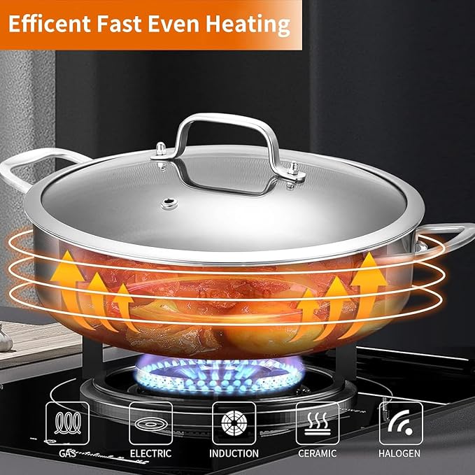 DELARLO Saute Pan 8QT, Frying Pan Nonstick with Lid, Tri-ply Stainless Steel Skillet, Large Braiser Induction, Everyday Pans, Heavy Duty Style, Compatible with All Cooktops Up to 660℉