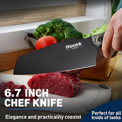 Huusk Butcher Knife Set 2PC-Sharp Meat Cleaver Full Tang Boning Knife with Leather Sheath Titanium Plated Kitchen Chef Knives for Outdoor Camping Thanksgiving Christmas Black