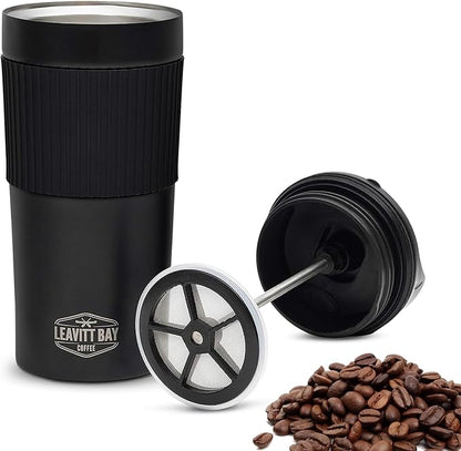 Portable French Press Travel Mug – Insulated Stainless Steel French Press Mug for Hot or Cold Brew – Durable Travel Coffee Maker – On-the-Go Tea & Coffee Maker (Black)