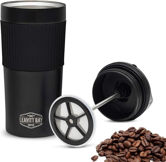 Portable French Press Travel Mug – Insulated Stainless Steel French Press Mug for Hot or Cold Brew – Durable Travel Coffee Maker – On-the-Go Tea & Coffee Maker (Black)