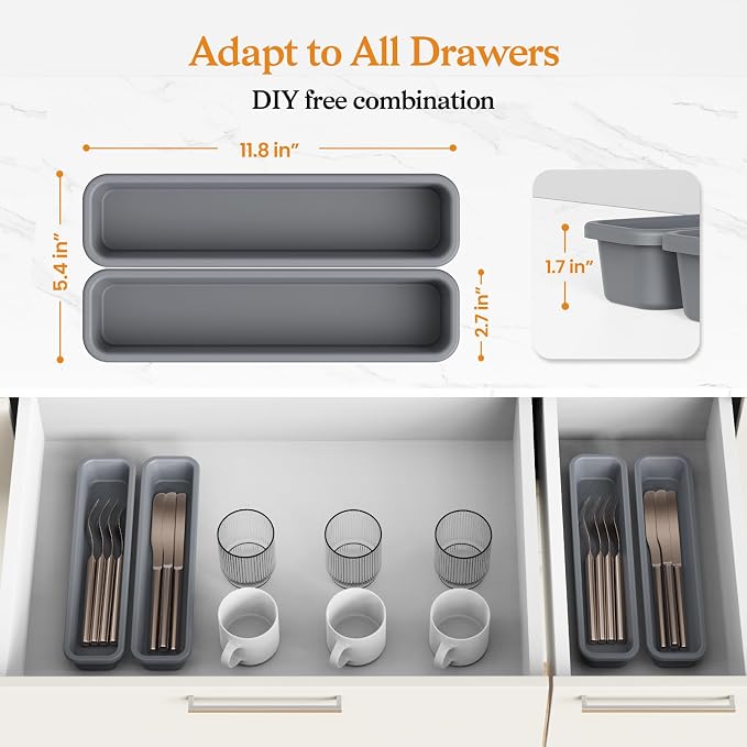 2 Pack Silicone Silverware Organizer, DIY Free Combination Utensil Drawer Organizer, Silverware Drawer Organizer, Flatware Cutlery Tray for Spoons Forks, Anti-slip Design (Grey)