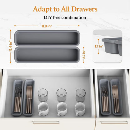 2 Pack Silicone Silverware Organizer, DIY Free Combination Utensil Drawer Organizer, Silverware Drawer Organizer, Flatware Cutlery Tray for Spoons Forks, Anti-slip Design (Grey)