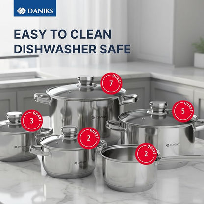 Daniks Standard 9-Piece Stainless Steel Cookware Set with Glass Lids, Includes Saucepan, Tri-Ply Bases for Even Heating, Induction Compatible, Dishwasher Safe, Built-In Measuring Scale, Silver