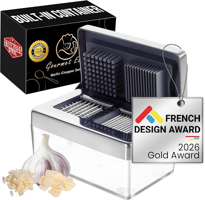 Garlic Chopper, 2-in-1 Slice + Dice, Garlic Press Stainless Steel, Fridge Friendly, Ginger Dicer Air Tight Container, Dishwasher Safe Mini Chopper, Premium Mincer with 5-Year warranty