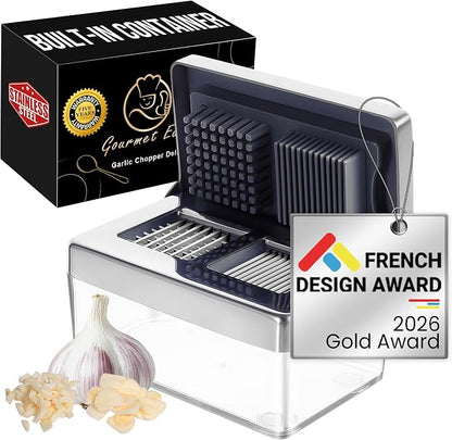 Garlic Chopper, 2-in-1 Slice + Dice, Garlic Press Stainless Steel, Fridge Friendly, Ginger Dicer Air Tight Container, Dishwasher Safe Mini Chopper, Premium Mincer with 5-Year warranty