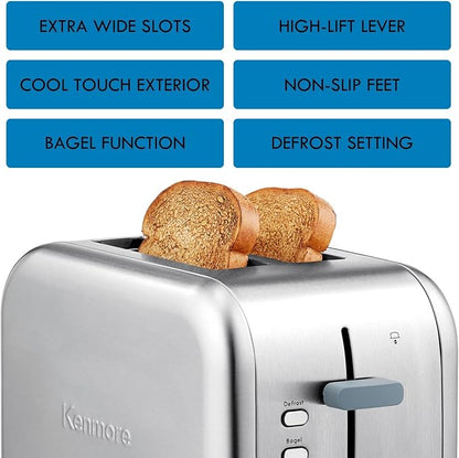 Kenmore 2-Slice Toaster, Stainless Steel, Extra Wide Slots, Bagel and Defrost Functions, 9 Browning Levels, Removable Crumb Tray, for Bread, Toast, English Muffin, Toaster Strudel