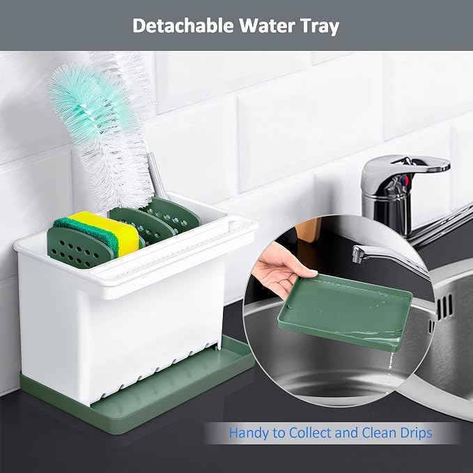 JOMOLA Kitchen Sink Organizer Dish Brush Sponge Holder Caddy Toothbrush Holders for Bathrooms Sinkware Kitchen Utensil Holder Sink Caddy Organizer with 4 Separate Dividers Removable Drain Tray (Green)