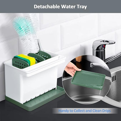 JOMOLA Kitchen Sink Organizer Dish Brush Sponge Holder Caddy Toothbrush Holders for Bathrooms Sinkware Kitchen Utensil Holder Sink Caddy Organizer with 4 Separate Dividers Removable Drain Tray (Green)
