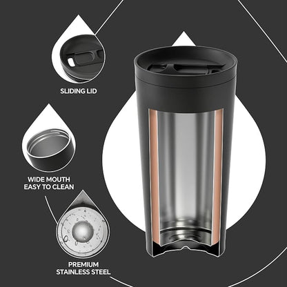 Ideus 17 oz Travel Coffee Mug, Double Wall Vacuum Stainless Steel Insulated Coffee Tumbler With Lid, Splash-Proof & Cup Holder Friendly, Keeps Drinks Hot/Cold, Dishwasher Safe, Black
