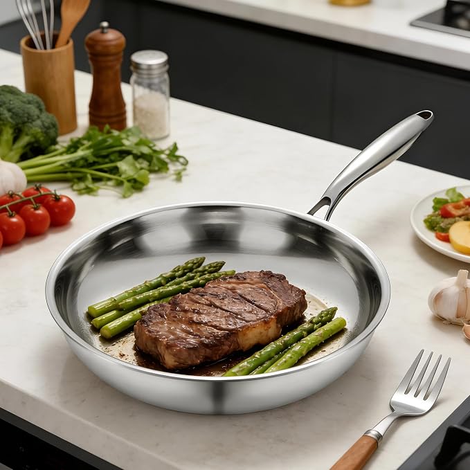 SuperCook Stainless Steel 12 Inch Tri-Ply Frying Pan, Large Frying Pan, Stainless Steel Skillets, Non-Toxic, Multiclad, Induction Oven Compatible, Dishwasher Safe