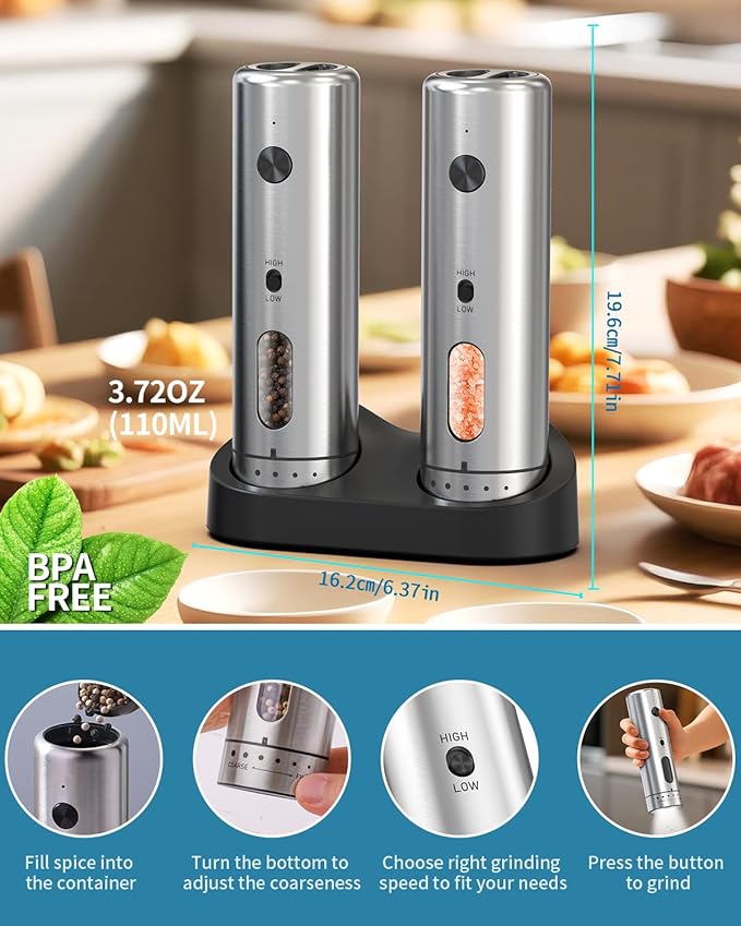 CIRCLE JOY Electric Salt and Pepper Grinder Set with Rechargeable Base Upgraded Stainless Steel Automatic Salt and Pepper Shakers with 2 Grinding Speeds, External Adjustment and 110ml Capacity, Silver