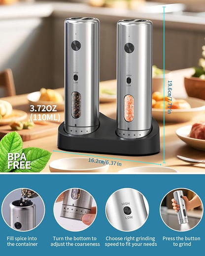 CIRCLE JOY Electric Salt and Pepper Grinder Set with Rechargeable Base Upgraded Stainless Steel Automatic Salt and Pepper Shakers with 2 Grinding Speeds, External Adjustment and 110ml Capacity, Silver