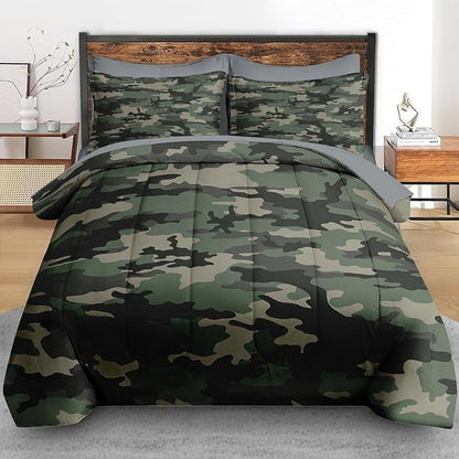 Pamnest Comforter Set King Size, Camo Army Camouflage 7 Pcs Bedding for Kids and Adults, Military Bed Sheet Sets with Fitted Sheet 2 Pillowcase & 2 Sham for Bedroom Bed Decor