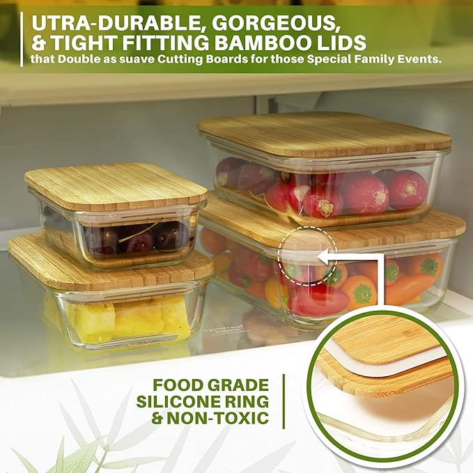 Bambooware Glass Containers with Lids | Non Plastic Glassware Set - Natural Raw Organic Wooden Bamboo Lids | Set of 4 | Reusable, BPA Free | Perfect for Meal Prep, Lunch, Leftovers, Kitchen