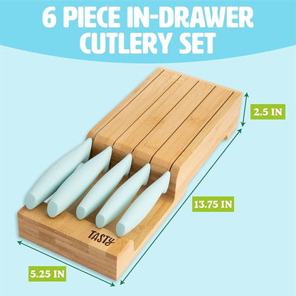 Tasty In-Drawer Kitchen Knife Set, Space-Saving Cutlery and Kitchen Organizer, Includes Chef, Bread, Santoku, Utility and Paring Knives, 6-Piece, Aqua