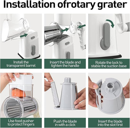 APSARAS USA Cheese Grater Hand Crank, Rotary Cheese Grater, 5 in 1 Rotary Grater, Cheese Shredder Replaceable Stainless Blades with Strong Suction Base, Easy to Clean Kitchen Gadgets with Storage Box
