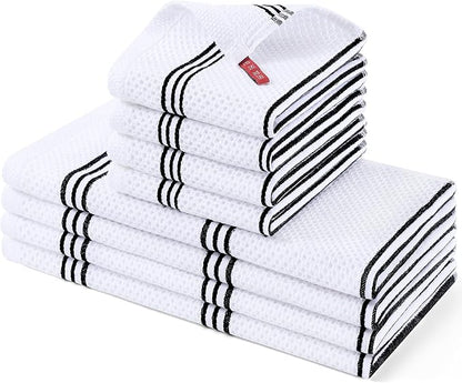 Homaxy Kitchen Towels and Dishcloths Set, 12 x 12 and 13 x 28 Inches, Set of 8 Premium Cotton Waffle Weave Kitchen Towels, Super Soft and Absorbent Dish Cloths, White & Black Stripes