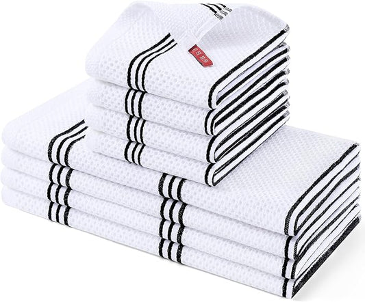 Homaxy Kitchen Towels and Dishcloths Set, 12 x 12 and 13 x 28 Inches, Set of 8 Premium Cotton Waffle Weave Kitchen Towels, Super Soft and Absorbent Dish Cloths, White & Black Stripes