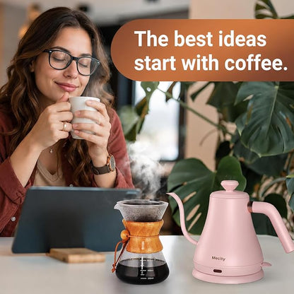 Mecity Electric Kettle Gooseneck Water Kettle Stainless Steel Tea Kettle Water Boiler Fast Heating, Auto Shut Off, 27 fl oz, 1000W, Pink