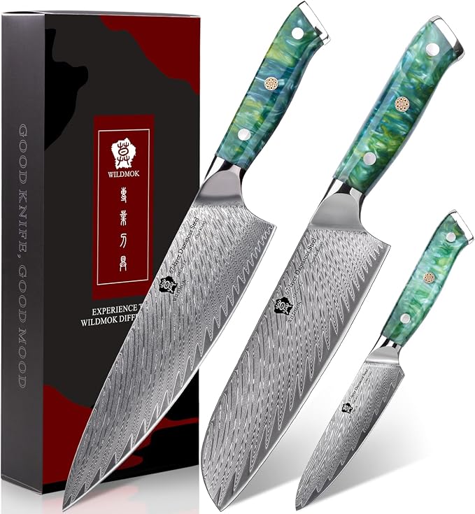 WILDMOK Professional Kitchen Knife Sets 3 PCS,Damascus Steel Chef Knife Set, 3PCS Ultra Sharp Japanese Kitchen Knives, Ergonomic Resin Handle Elegant Gift Box for Home or Restaurant