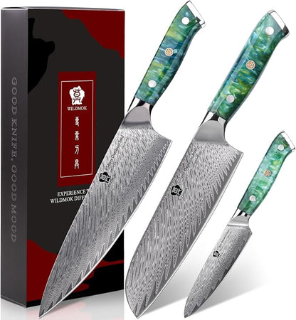 WILDMOK Professional Kitchen Knife Sets 3 PCS,Damascus Steel Chef Knife Set, 3PCS Ultra Sharp Japanese Kitchen Knives, Ergonomic Resin Handle Elegant Gift Box for Home or Restaurant