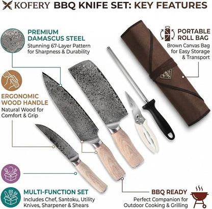 KOFERY Hand Forged Damascus Steel Butcher Knife Set with Wood Handles, Sharpener & Shears in Knife Roll for Meat Cutting, BBQ Grilling, Outdoor Camping, Pit Master Gifts for Men