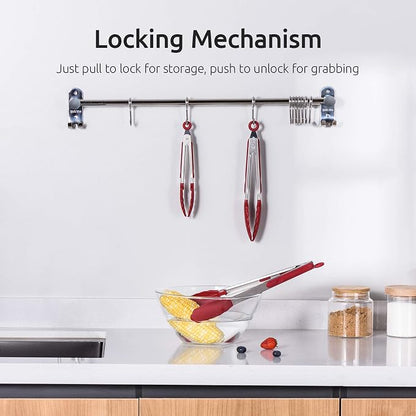 Kitchen Tongs, U-Taste 7/9/12 inches Cooking Tongs, with 600ºF High Heat-Resistant Non-Stick Silicone Tips, 18/8 Stainless Steel Handle, for Food Grill, Salad, BBQ, Frying, Serving, Pack of 3(Red)