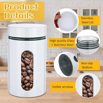 Mimorou 6 Pack Kitchen Canisters Set Airtight Coffee Sugar Tea Storage Jars with Window Glass Stainless Steel Containers with Lids for Flour Cookies Spices Grains Kitchen Decorations(White,32 oz)