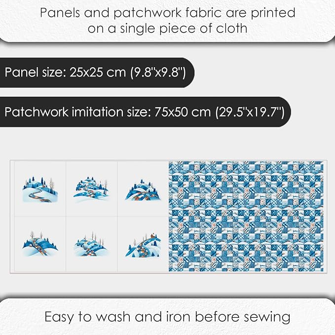 Winter Patchwork Landscape Cotton Fabric Panel – 6 Designs (10×10 inch Each) + Bonus Patchwork Sheet 29.5×19.6 inch, 100% Cotton 140 GSM