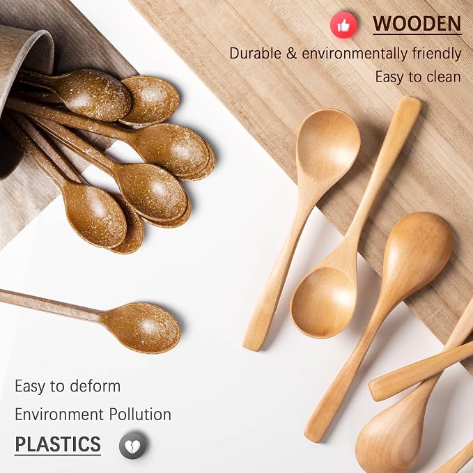 4 PCS Wooden Spoons for Eating, 7 inch Wooden Honey Spoons for Tea, Wood Teaspoons for Stirring Coffee, Schima Wood Table Spoon for Cooking, Small Serving Spoon for Soup, Desserts & Cereal