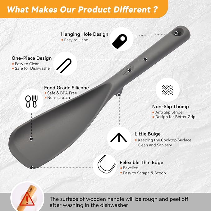 12.6" Extra Long Silicone Spatula Spoon for Nonstick Cookware, Seamless One-Piece Design Cooking Spoon with Built-in Tool Rest for Mixing, Scoop and Scrape, Dishwasher Safe, 2 Pack, Gray