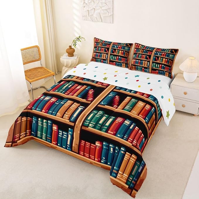 Manfei Bookshelf Bed Comforter Set Queen Size,Pixelated Pixel Style Games Super Soft Microfiber Bedding Set for Adults Teens,Anime Bookcase Theme Comforter Set,2 Pillowcases