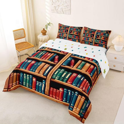 Manfei Bookshelf Bed Comforter Set Queen Size,Pixelated Pixel Style Games Super Soft Microfiber Bedding Set for Adults Teens,Anime Bookcase Theme Comforter Set,2 Pillowcases