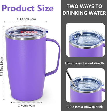 2Pack Stainless Steel Insulated Bottle, 16oz Tumblers with Handle, Double Wall Vacuum Travel Coffee Mug with Handle for Working Travel Driving, Purple&Green