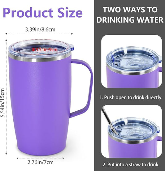 2Pack Stainless Steel Insulated Bottle, 16oz Tumblers with Handle, Double Wall Vacuum Travel Coffee Mug with Handle for Working Travel Driving, Purple&Green